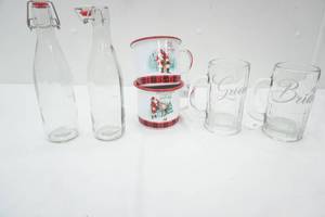 Vintage-Style Glass Soda Bottles (2ct), Enamel Christmas Mugs (2ct), Bride & Groom Glass Mugs (pair)