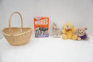 Wicker Basket With Stuffed Animals & Collectible Wheaties 1987 MN Twins Box