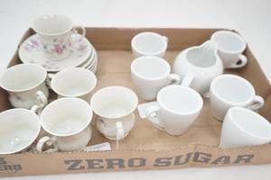 Vintage L. Hirondelle Tea Cups & Saucers, White Ceramic Espresso Cups and Creamer