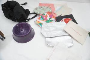Makeup Bags (new), ceramic dog dish, small animal harness