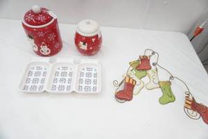 Ceramic Red Snowflake CanistersCookie Jars, Divided Ceramic Serving Tray, Metal Believe Stocking Door Hang