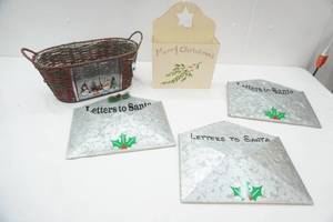 Galvanized Letters to Santa Holders, Wicker Basket, wooden Merry Christmas wall Card Holder