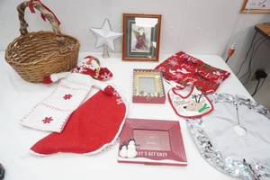 Holiday Wicker Basket with Christmas Decor & Linens. Star Tree Topper