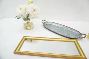 Galvanized Platter, Decorative Mirror, Peony Arrangement in Epoxy