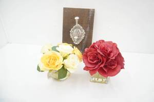 Rose Arrangements in Epoxy wglass vases, decorative cast metal ornate hook