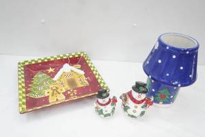 Ceramic Holiday Serving Platter, Ceramic Lantern, Snowman Candle