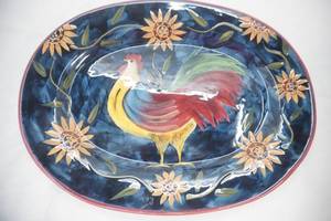 Large Ceramic Rooster Serving Platter, Cheese Knives, Metal Pedestal Cake Stands, Mugs, Teapot