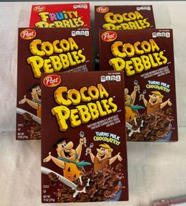 lot 61 image: 4 Cocoa Pebbles & 1 Fruity Pebbles Cereal