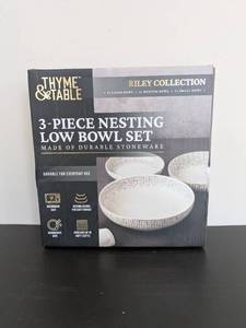 NEW THYME & TABLE 3-PIECE NESTING LOW BOWL SET MADE OF DURABLE STONEWARE