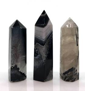 lot 02 image: Natural Quartz Black Agate Obelisk Points - Smoky, Black & Clear, 3-Piece Set