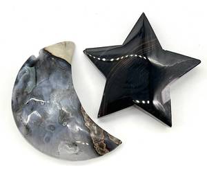 lot 03 image: Moon & Star Stone Sculptures - Black Star & Gray Agate Crescent