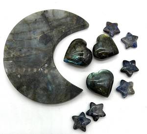 lot 21 image: Labradorite Moon Crescent Slab & Heart & Star Cabochons Set