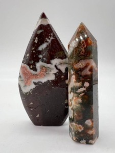 lot 67 image: Brecciated Jasper Obelisk Pair - Dark Red with White Veining & Multicolor Agate
