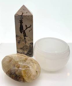 lot 77 image: Jasper Tower Point Obelisk & Selenite Bowl & Moonstone or Sunstone Rock