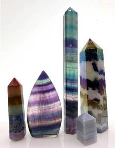 lot 110 image: Fluorite & Aura Zebra Crystal Tower Points (Lot of 5)
