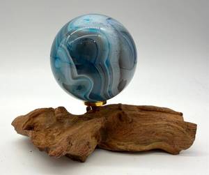 lot 123 image: Blue Agate Sphere & Wood Stand - Decorative Orb Display Piece