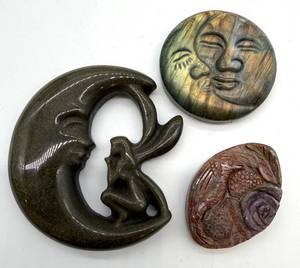 lot 124 image: Hand-Carved Stone Pendants - Labradorite Moon Disc, Grapevine Oval & Crescent Ring (Lot of 3)