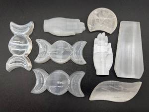 lot 126 image: Carved Selenite Crystal Display Pieces - Hand Shape, Leaf Shape & Butterfly Forms