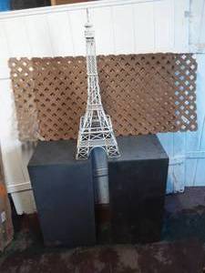 Pair of metal plant stands, metal Eifel tower statue, and 2 plastic lattice pieces