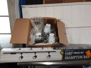 New Hampton Bay 3 light track kit and 3 assorted ceiling light fixtures