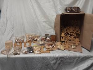Box of wood crafting supplies