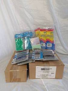 Assorted lot of pens, pencils, notepads, blackboard chalk and sidewalk chalk