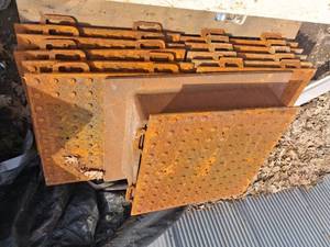 11 cast iron concrete tread stamps and heavy cast iron sewer drain with grate