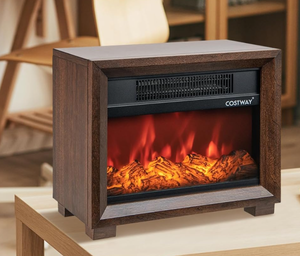COSTWAY 13 Inch Small Electric Fireplace Heater, Mini Wooden Fireplaces Stove wVivid Flame Effect, Overheat Protection, 750W Portable Tabletop Fireplace for Indoor Use, Living Room, Bedroom, Brow (Used)
