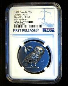 Rare MS70 2021 Cook Islands Ultra High Relief .999 Antiqued Silver Athena's Owl, NGC Top Pop, 1 of 31