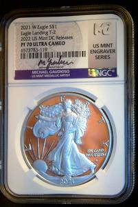 Gaudioso Hand Signed, Mint Engraver Series, 2021-W T2 PF70 Ultra Cam Silver Eagle, NGC Top Pop 1 of 200
