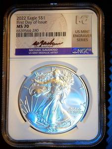 Gaudioso Hand Signed, Mint Engraver Series, 2022 MS70 Silver Eagle, First Day, NGC Top Pop 1 of 200