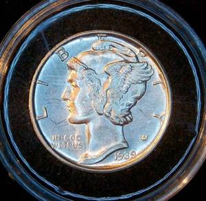 Uncirculated 1939-D Mercury Dime, Full Separated Bands, Full Mint Luster