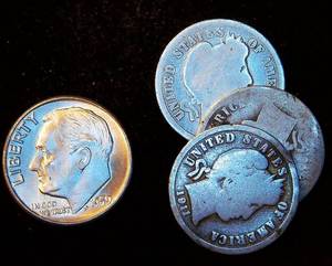 Uncirculated 1959-D Roosevelt Dime  (3) Barber Dimes