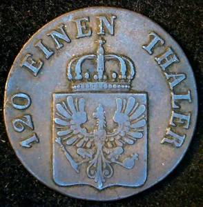 1844-A Kingdom of Prussia 3 Pfenninge, 182 years old, Very Tough Find, KM#449