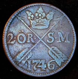 1746 Sweden 2 Ore, Thick Heavy Coin with Oblique Milled Edge, 280 Years Old, KM# 437