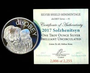 2017 Solzhenitsyn Silver Shield 1oz .999 Round, disOBEY series, #2,006 of 2,255, Proof Like, COA