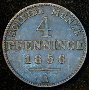 1856-A Kingdom of Prussia 4 Pfenninge, Nice Authentic Condition, 170 years old, Tougher Find, KM#454