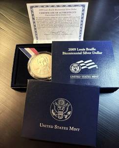 2009 Louis Braille Bicentennial Silver Dollar, Lower Mintage BU, Complete OGP & COA, All Excellent Cond