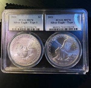PCGS MS70 2021 Silver Eagle 2 Coin Set, Types 1 and 2, Details