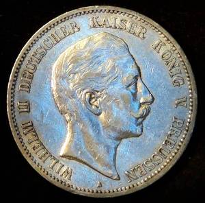 VFXF 1907 Kingdom of Prussia (German States) Silver Funf Mark, .804 ASW, Original Surfaces