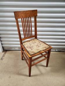 lot 3 image: Vintage Oak Slat-Back Chair with Floral Upholstery and Nailhead Trim