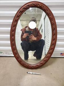 lot 13 image: Mirror - Oval Carved Wood Frame with Beaded Edge and Floral Border