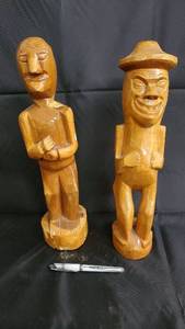 lot 20 image: Pair of Hand-Carved Wooden Figurines - Folk Art Carvings