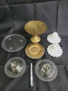lot 28 image: Brass Pedestal Cake Stand & Glass Candle Holders & Milk Glass Shades (Lot of 6)