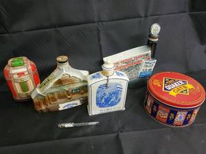 lot 33 image: Vintage Advertising Tins & Decanters (Lot of 6)