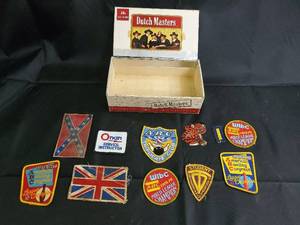 lot 34 image: Dutch Masters Cigars Box with Vintage Patch Collection - ABC Triplicate Club, WIBC, Union Jack