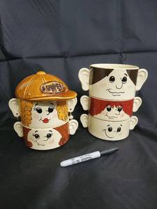 lot 38 image: Mugs - Stacking Ceramic Face Cups With Ears - Made In Japan (Lot Of 4)
