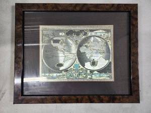 lot 41 image: World Map Two-Hemisphere Framed Wall Art - Burl Wood Frame