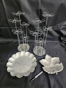 lot 47 image: Silver-Tone Wire Topiary Stands, Floral-Engraved Round Plate & Leaf Dish (Lot of 4)