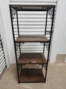 lot 70 image: Wrought Iron Shelving Unit With Wood Shelves - 4-Tier Industrial Rack
